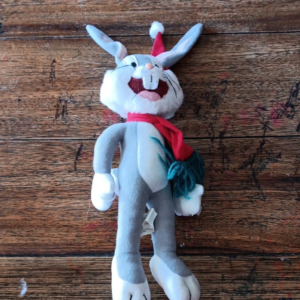 Looney Tunes Gray and White Bunny Plush with Red and Green Scarf